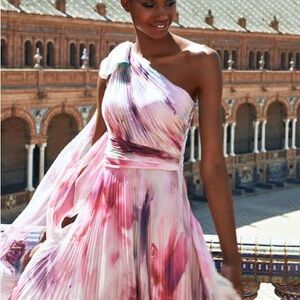 Marchesa One-Shoulder Floral Dress in Pink and Purple